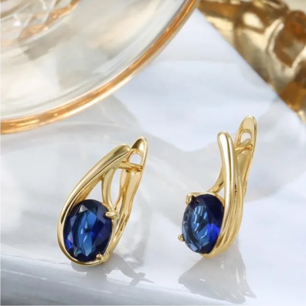 New 18k Yellow Gold Over Silver Blue Sapphire Huggie Studs
